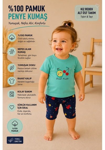 Harika Kids Kız Bebek Alt-üst Takım %100 Pamuklu Yeşil
