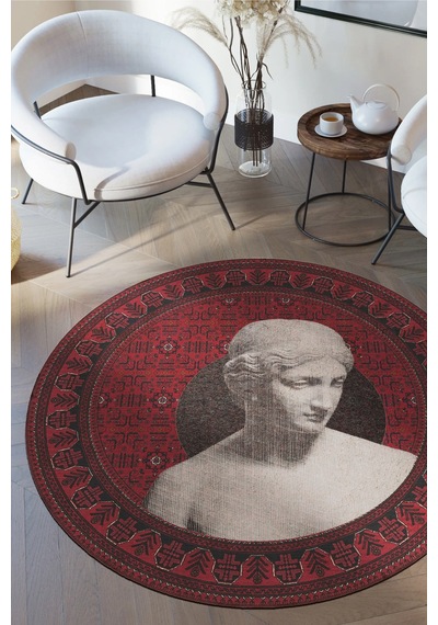 Haliç 304 Afgan Halısı Vintage Halı Heykel Figürlü Yıkanabilir Dekoratif Salon Oturma Odası Halısı Kırmızı 3