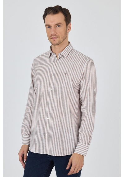 İmza Kahverengi Kısalabilir Kol Cepsiz Pamuk Casual Comfort Fit Gömlek 1004250128 Kahverengi