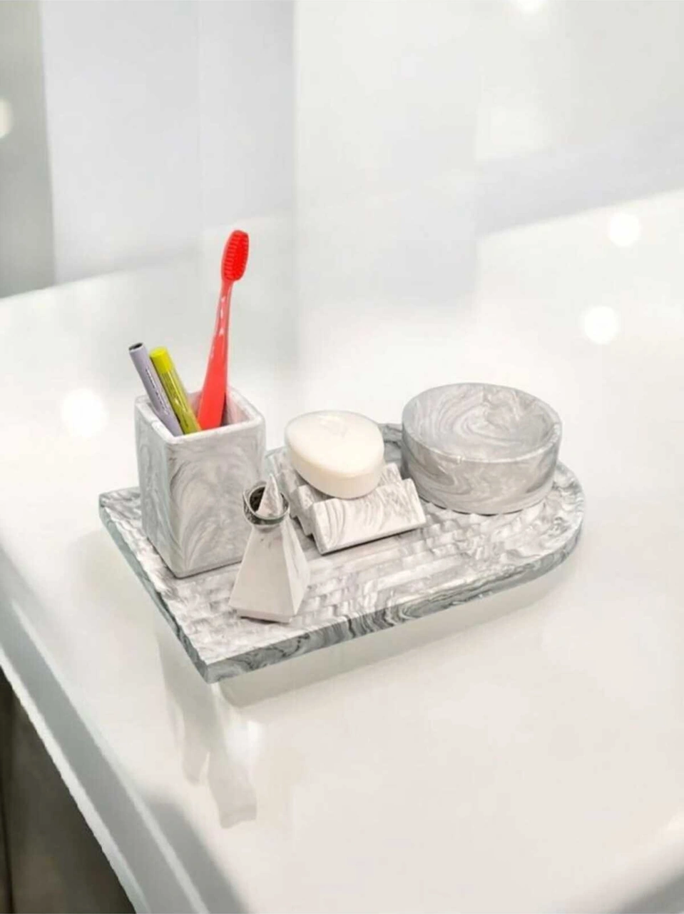 Archade Organizerli Beton Banyo Seti,banyo Seti,katı Sabunluk,diş Fırçalığı,tepsi,yüzüklük Gri
