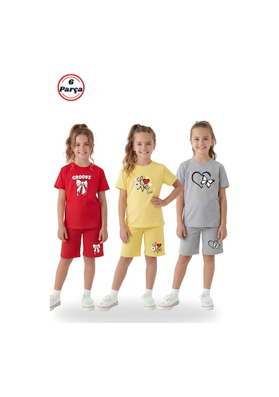 Fyk Kids 3'lü Yuvarlak Yaka Tişört Renkli Kapri Baskı Detaylı 6 Parça Kız Çocuk Alt Üst Takım Kırmızı - Sarı
