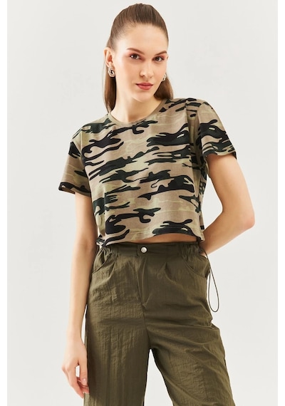 Kadın Oversize Rahat %100 Pamuklu Penye Bisiklet Yaka Kısa Kol Basic Crop T-shirt Kamuflaj