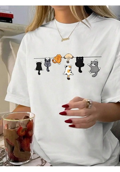 Uyguntarz Unisex Yaramaz Kediler Baskılı Tasarım Tshirt Beyaz