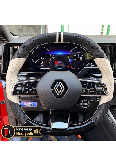 Renault Espace Dikme Direksiyon Kılıfı Delikli Deri Parlak Siyah Bej Detay Çift Yüzük Ve Dikiş 2023-2026