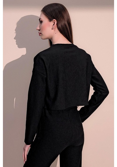 WeShaya Kadın Siyah Kendinden Dokulu Cepli Crop Sweatshirt, Salaş Kesim Siyah