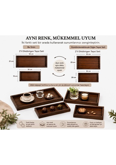 Bambu İkili Tepsi Seti, Servis & Sunum Tepsisi 20 30 Cm 35 25 Cm, Koyu Ton Kahverengi-akasya Açık Kahverengi
