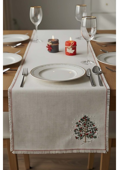 Rivaistanbul Çam Ağacı Nakışlı Hasır Görünümlü Kenarları Püsküllü Runner 40x115 Cm Çok Renkli