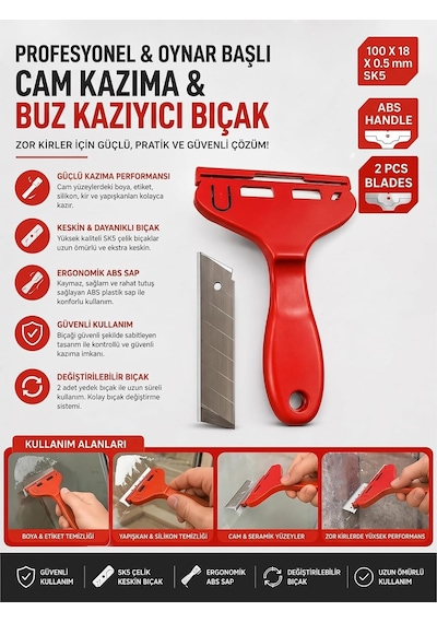 Tr Profesyonel Oynar Başlı Cam Kazıma Ve Buz Kazıyıcı Bıçak - Ergonomik Plastik Saplı, 2 Adet Sk5 Yedek Bıçak Genel