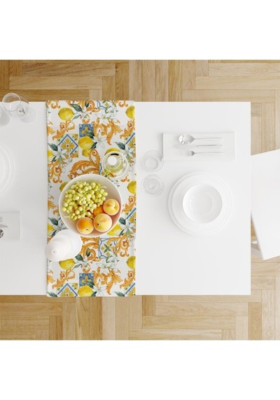 Limon Tasarımlı Runner 140x45cm Ince Keten, Uluslararası Yıkama Ve Solmama Sertifikası Çok Renkli
