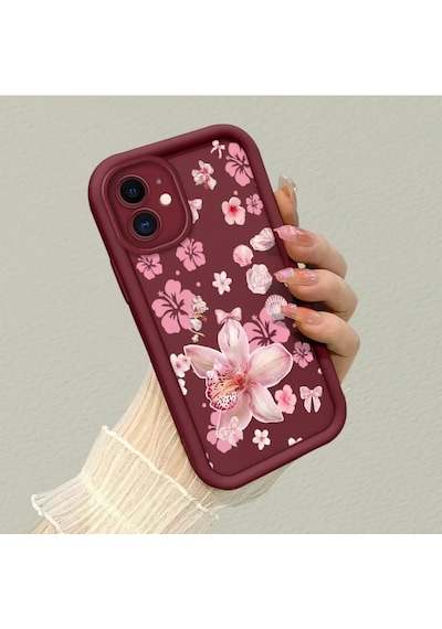 Apple iPhone  11 Uyumlu Darbeye Dayanıklı Kamera Korumalı  Bordo Silikon Baskı Desenli Kılıf