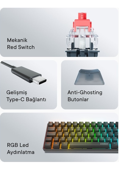 Everest Amber Siyah Type-c Bağlantılı Rgb Ledli Mekanik Gaming Oy