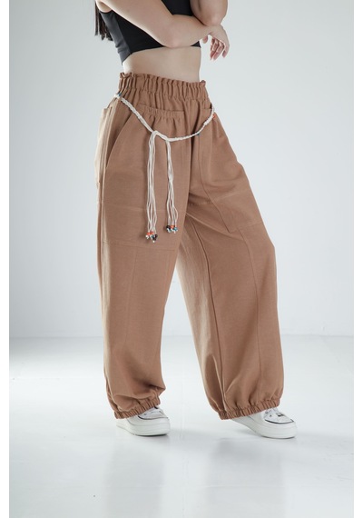 Cocopelli Tasarım Keten Kahverengi Baggy Pantolon Coc1108 Kahverengi