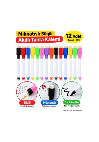 12 Adet Karışık Renk Mıknatıslı Silgili Akıllı Tahta Kalemi Silinebilir Beyaz Tahta Kalemi