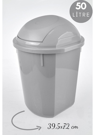 Yuvarlak Çöp Kovası, Oynar Kapaklı Gri Çöp Kovası, Kapaklı Yuvarlak Çöp Kovası 50 Litre 39,5x72