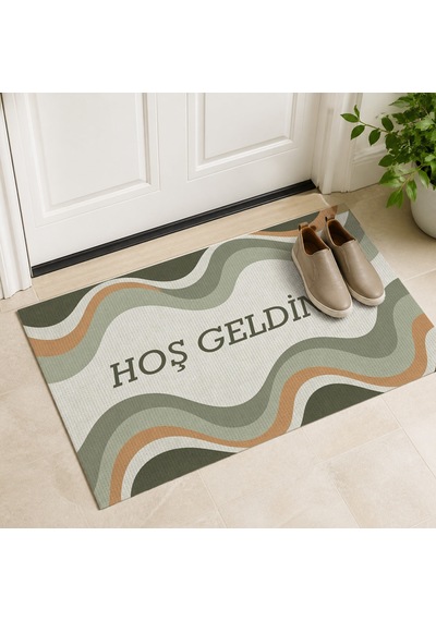 Kartela Halı Hoş Geldiniz Yazılı Retro Dalga Kapı Paspası Adaçayı Yeşili 40x60 Cm