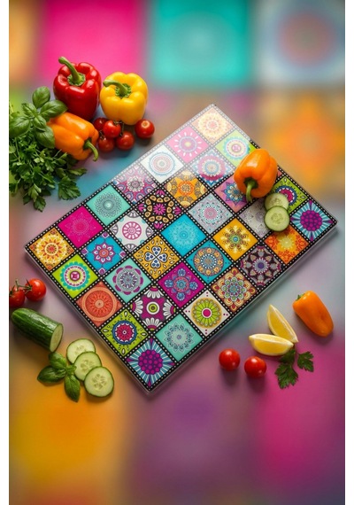 Makri Home Dekoratif Desenli Cam Kesme Tahtası 25 Cm 35 Cm Çok Renkli