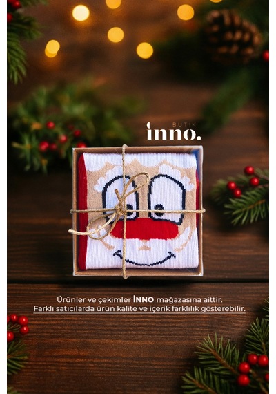 Inno Yılbaşı Desenli Noel Babalı Hediyelik Kraft Kutulu Çorap Tekli Turkuaz