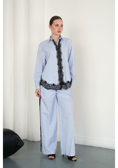 Verymoda Dantel Detaylı Çizgili Pantolon F2083 Mavi