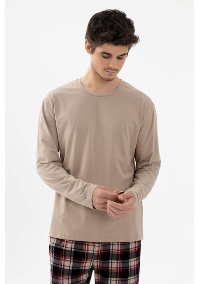 Erkek Pamuklu Uzun Kollu Basic Siyah - Vizon Ekose Desenli Cep Detaylı Pijama Takımı Ko60111 Vizon