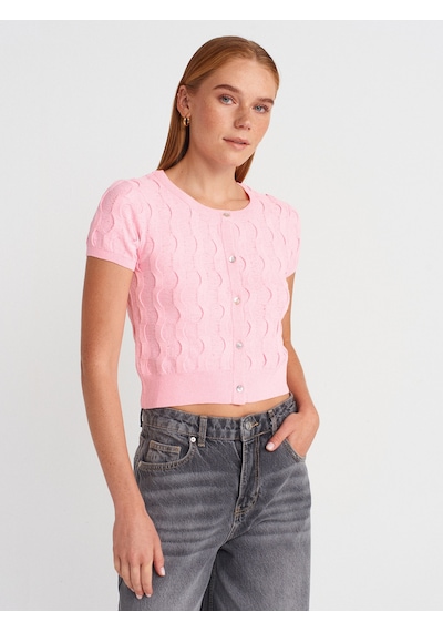 Dilvin 60980 Bisiklet Yaka Dokulu Düğmeli Triko Hırka-pembe Pembe