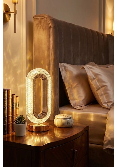 Plentiful Plentiful Oval Şeklinde Kristal Led Masa Lambası Dokunmatik, 3 Renk Işık Modlu, Şarjlı Dekoratif Gec