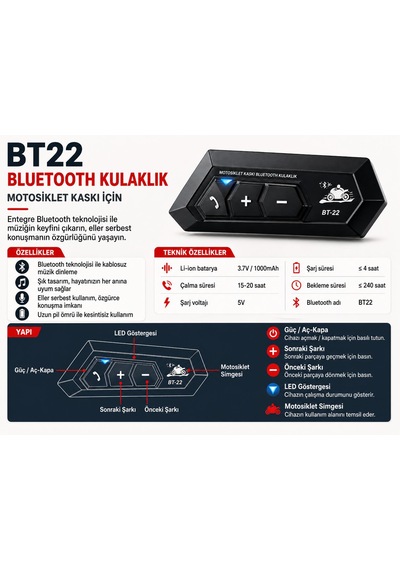 Bt22 Motorsiklet Kaskı İntercom Bluetooth Kulaklık Su Geçirmez Mikrofon Dahil Her Kask Tipine Uygun Bluetooth 5.0 Müzik Mikrofon Çağrı