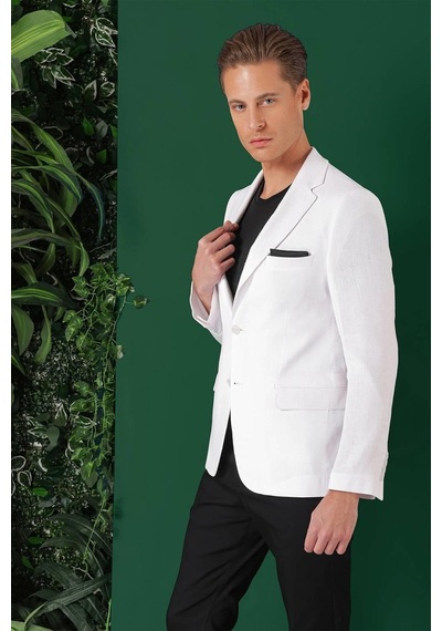 Efor Comfort Fit Çift Yırtmaç %100 Keten Casual Beyaz Ceket C 668 Beyaz