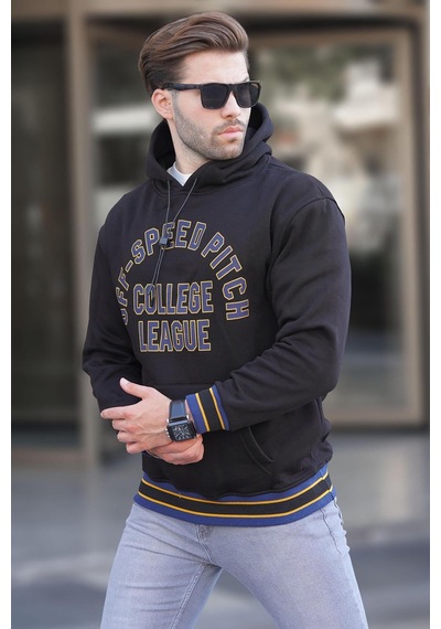 Madmext Siyah Kapüşonlu Cep Detaylı Baskılı Erkek Sweatshirt 7068 Siyah