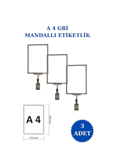3 Adet Gri A4 Mandallı Raf Sepet Etiketi Çerçeveli Etiketlik Gri