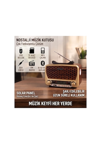 Nostalji Müzik Kutusu - Solar Panelli - Şarjlı - Aux Girişi - Led Fener - Bluetooth Çok Renkli