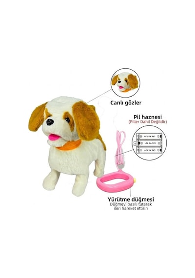 Vardem Oyuncak Tasma Kumandalı Yürüyen Havlayan Ve Kuyruk Sallayan Peluş Köpek Beyaz - Kahverengi