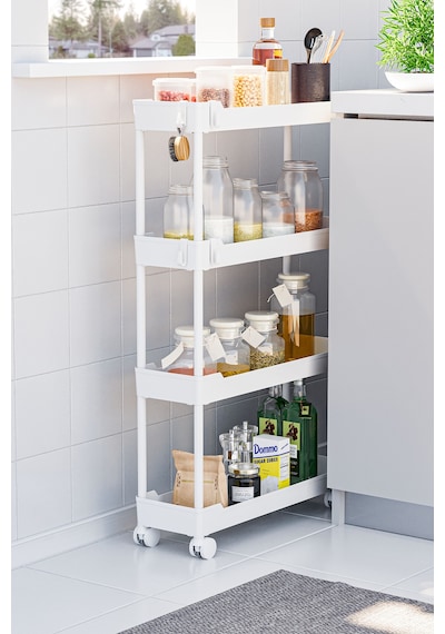 Beyaz 4 Katlı Tekerlekli Dar Düzenleyici Mutfak Ve Banyo Rafı Vesken