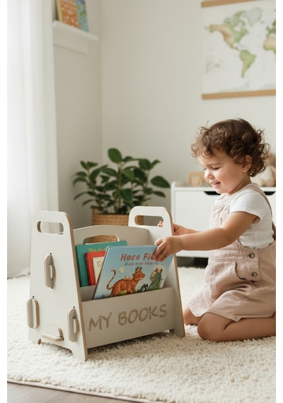 Montessori Ahşap Çocuk Kitaplığı Gri Eğitici Ve Dekoratif Tasarım - Kitaplık Beyaz