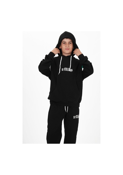 Haykids Erkek Çocuk İki İp Kumaş Baskılı Kapüşonlu Eşofman Takımı Siyah