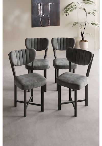 Sandalye 4 Adet Baby Face Kumaş Metal Ayak Modern Mutfak Sandalyesi Cafe Balkon Ofis Elma Antrasit