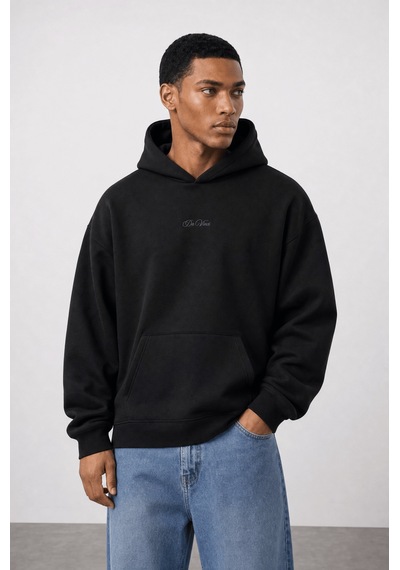 Respire Erkek Da Vinci Baskı Detaylı Oversize Hoodie Siyah