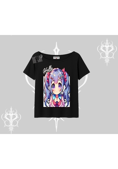 Tarzsokak Kayık Yaka Tshirt Hello Anime Kız Sevimli Karakter Baskılı Siyah