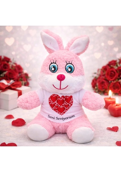 Bay Seni Seviyorum Tişörtlü Pembe Peluş Tavşan Najmaddin Standart