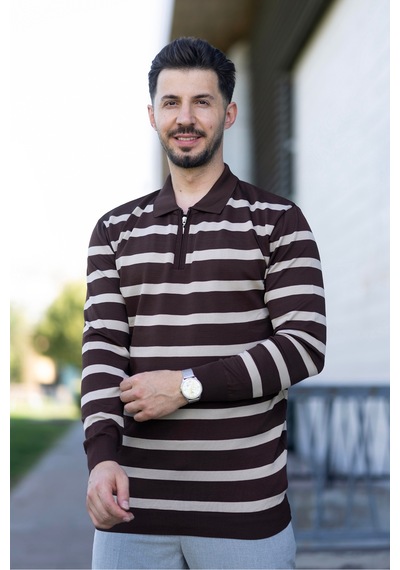 Hk Premium Kazak Fermuarlı Polo Yaka Çizgili Triko Sweatshirt Kahverengi