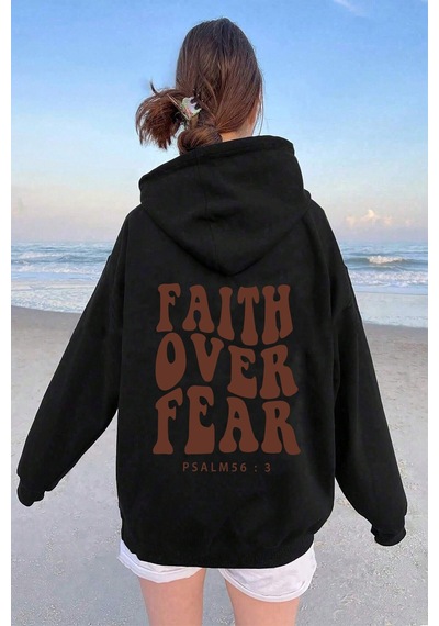 Faith Over Baskılı Oversize Sweatshirt Siyah