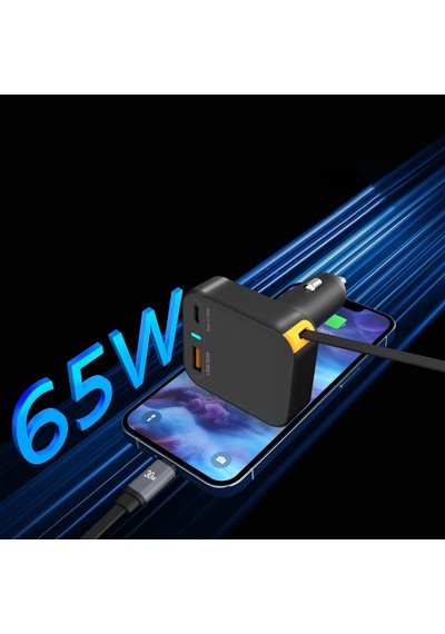 Wiwu Wi-cc033 Type-c + Usb-a Hızlı Şarj Akım Korumalı Dahili Kablolu Araç Şarj Aleti 65w Siyah