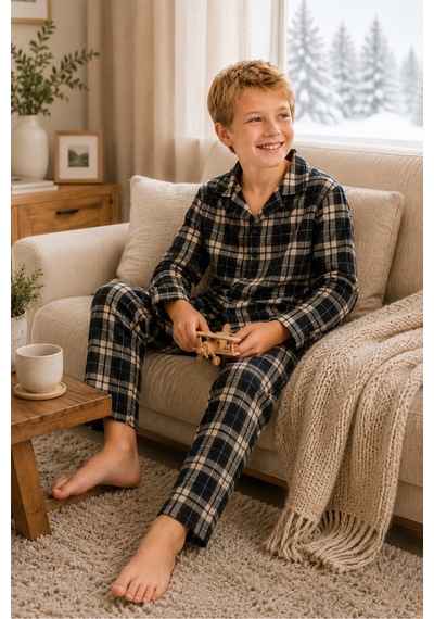 Free Beka Ekose Desenli Uzun Kollu Gömlek Yaka Düğmeli Erkek Çocuk Pijama Takımı Bej