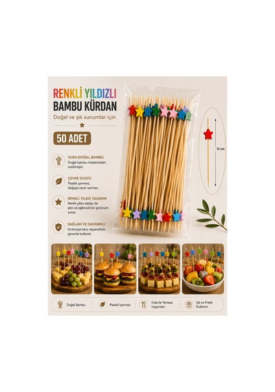 Renkli Yıldızlı Bambu Kürdan 12 Cm 50 Adet - 913956549