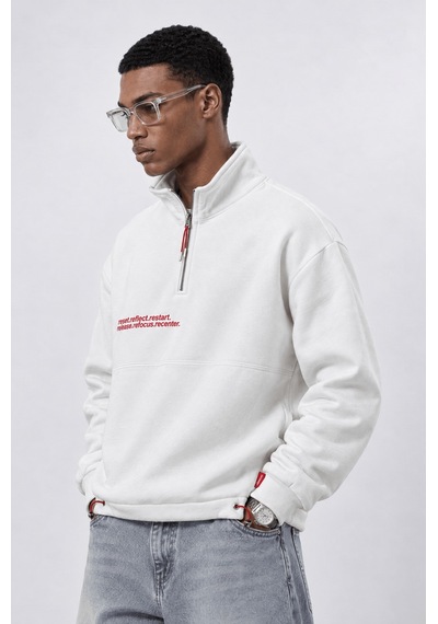 Respire Erkek Reset Baskılı Lastik Detaylı Half Zip Oversize Sweatshirt Ekru