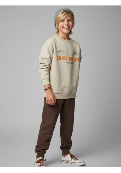 Zekids Erkek Çocuk Yumuşak Dokulu Enjoy The Life Yazılı Eşofman Takım-16615 Bej