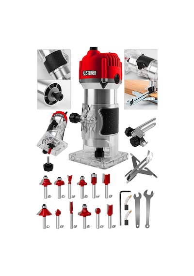 Steiner 3000 W 6 Kademe Devir Ayarlı Formika Traşlama Freze Makinesi 6 MM Pens Kırmızı + 12 Adet Uç