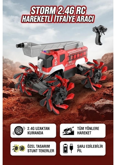 TıfılToys Uzaktan Kumandalı Şarjlı Akrobasi Tekerlekli-hareketli Merdivenli Off-road İtfaiye Aracı 30 Cm Kırmızı