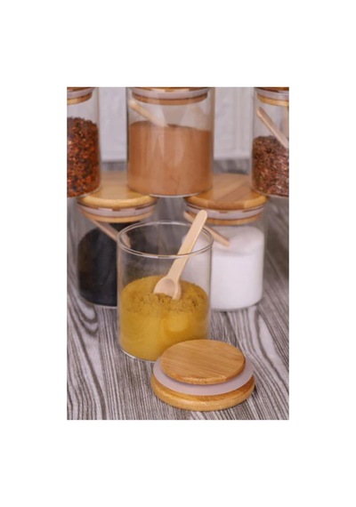 6 Lı Kaşıklı Bambu Kapaklı Borosilikat Cam 250 Ml Baharatlık Seti Baharatlık Takımı 690424720 Diğer