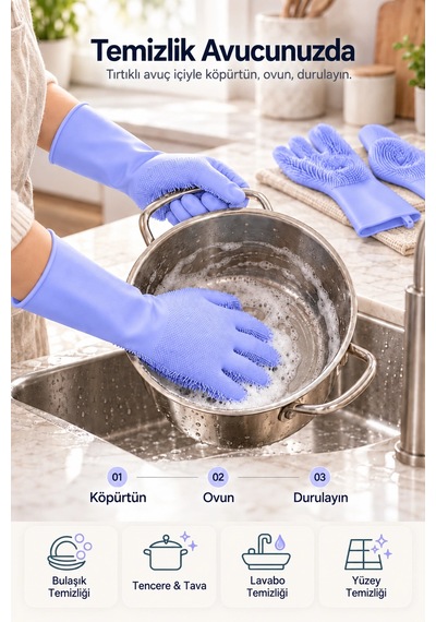 Tilbe Home Silikon Eldiven Bulaşık Yıkama Eldiveni Dayanıklı Kaymaz Tırtıklı Eldiven Fırın Mutfak El 70685215