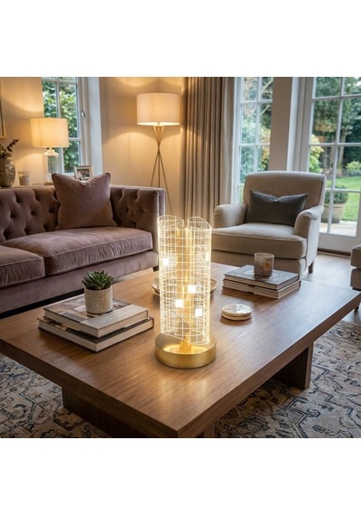 Dalgalı Silindirik Kristal Kareli Model Led Masa Lambası Gold Tabanlı, Dokunmatik, 3 Renk Işık Modlu, Şarjlı Modern Dekoratif Gece Lambası 5570 Beyaz